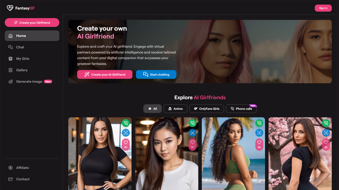 FantasyGF home screen showing the custom girlfriend creator and companion browser