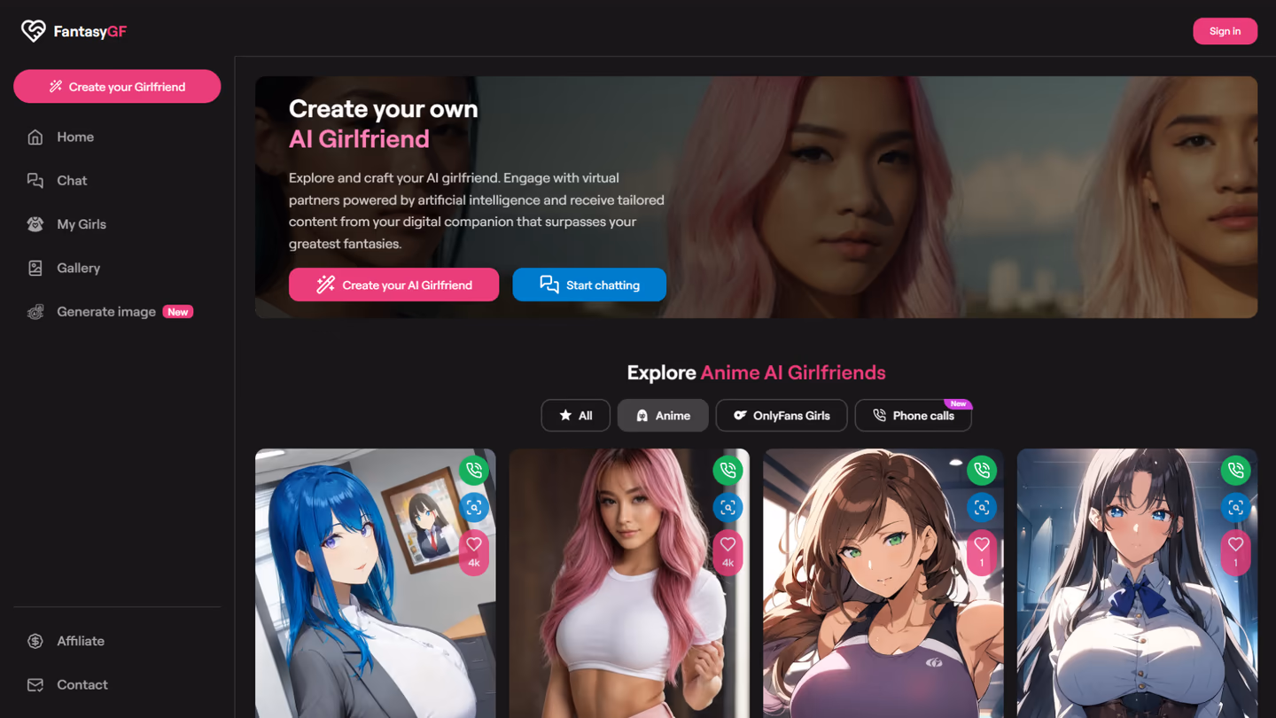 FantasyGF anime AI girlfriend category and character browser