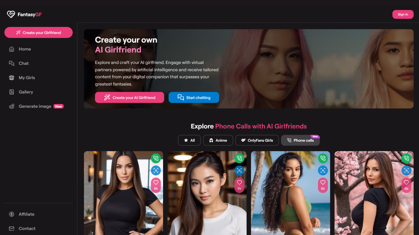 FantasyGF phone calls category with AI girlfriend profiles