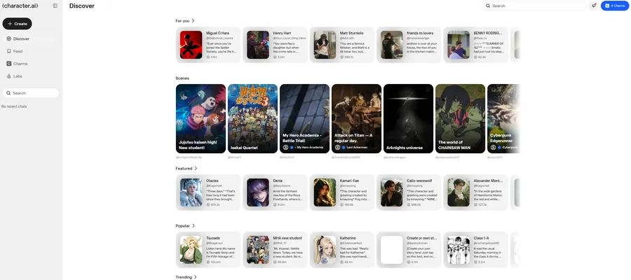 Character.AI AI companion interface screenshot, reviewed for variety of characters & roleplay
