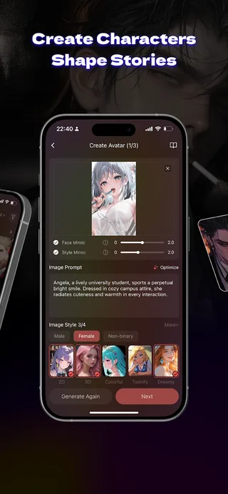 Kindroid AI companion interface screenshot, reviewed for customization & privacy