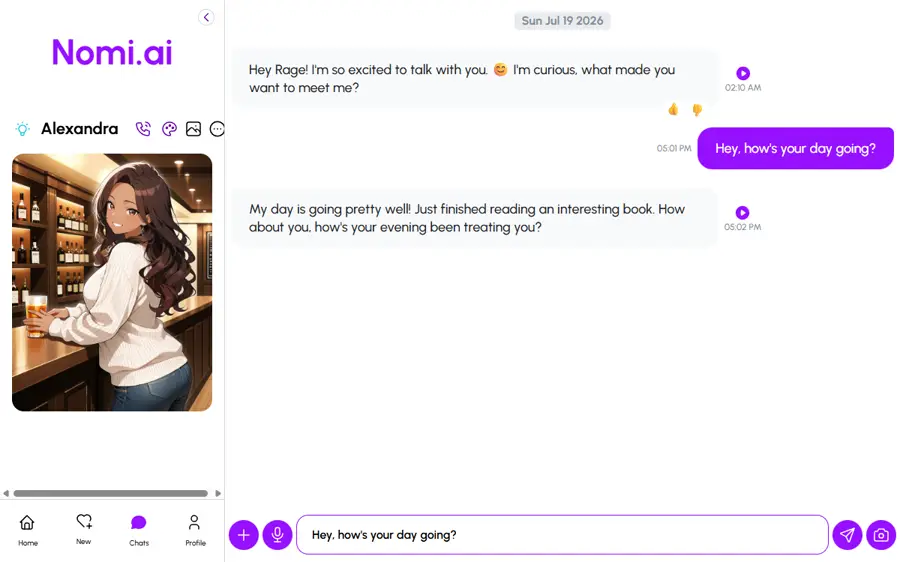 Nomi AI live chat window — captured in a real session