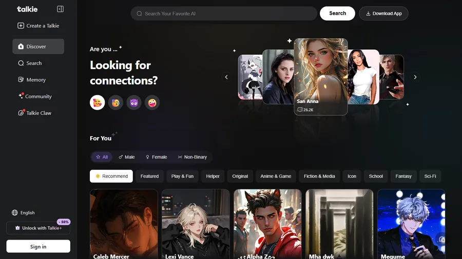 Talkie AI app interface screenshot